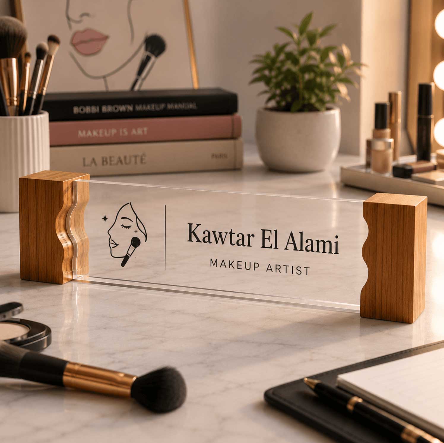Plaque de bureau makeup artist personnalisée au Maroc — Kawtar El Alami