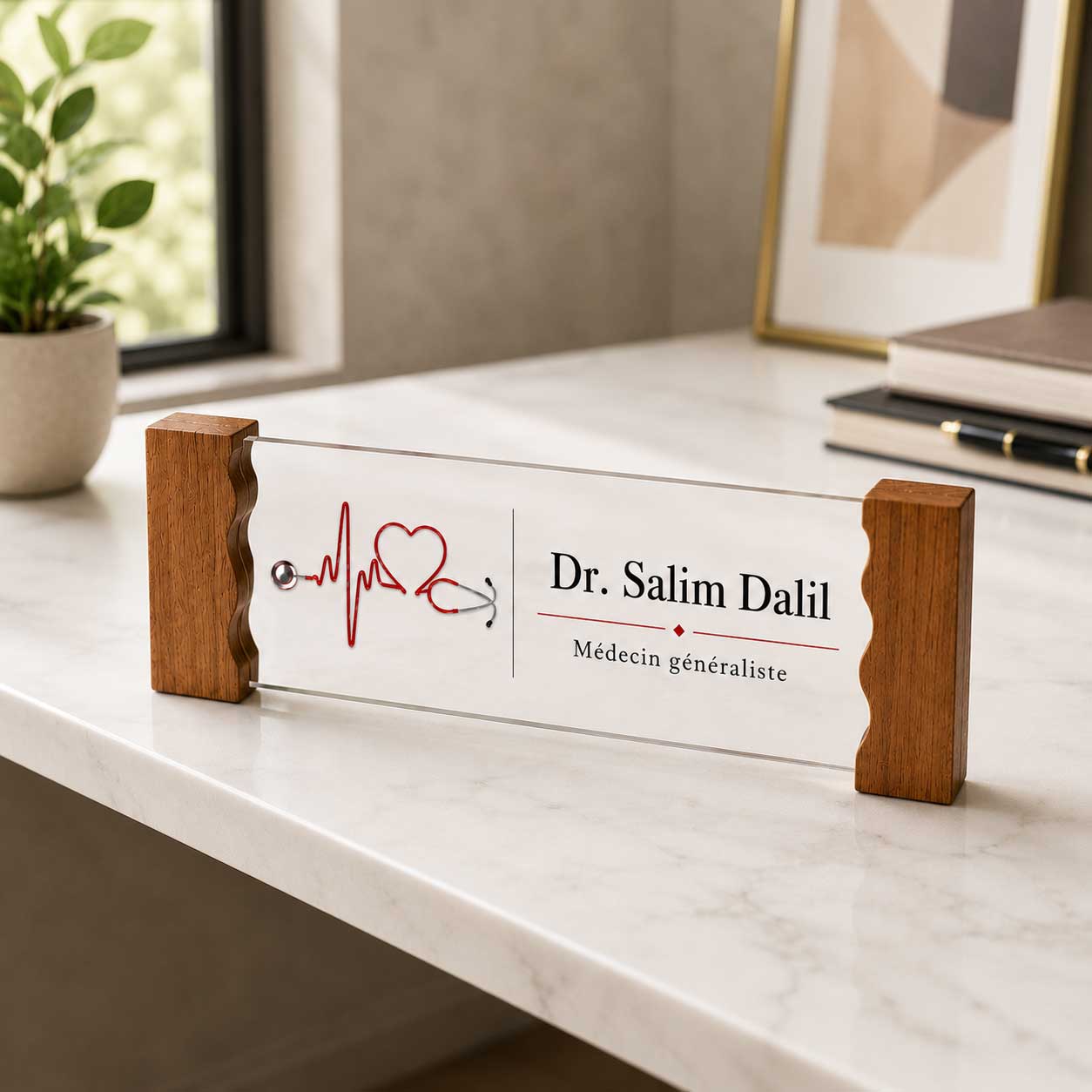 Plaque de bureau sur mesure bois acrylique — Dr. Salim Dalil Médecin généraliste
