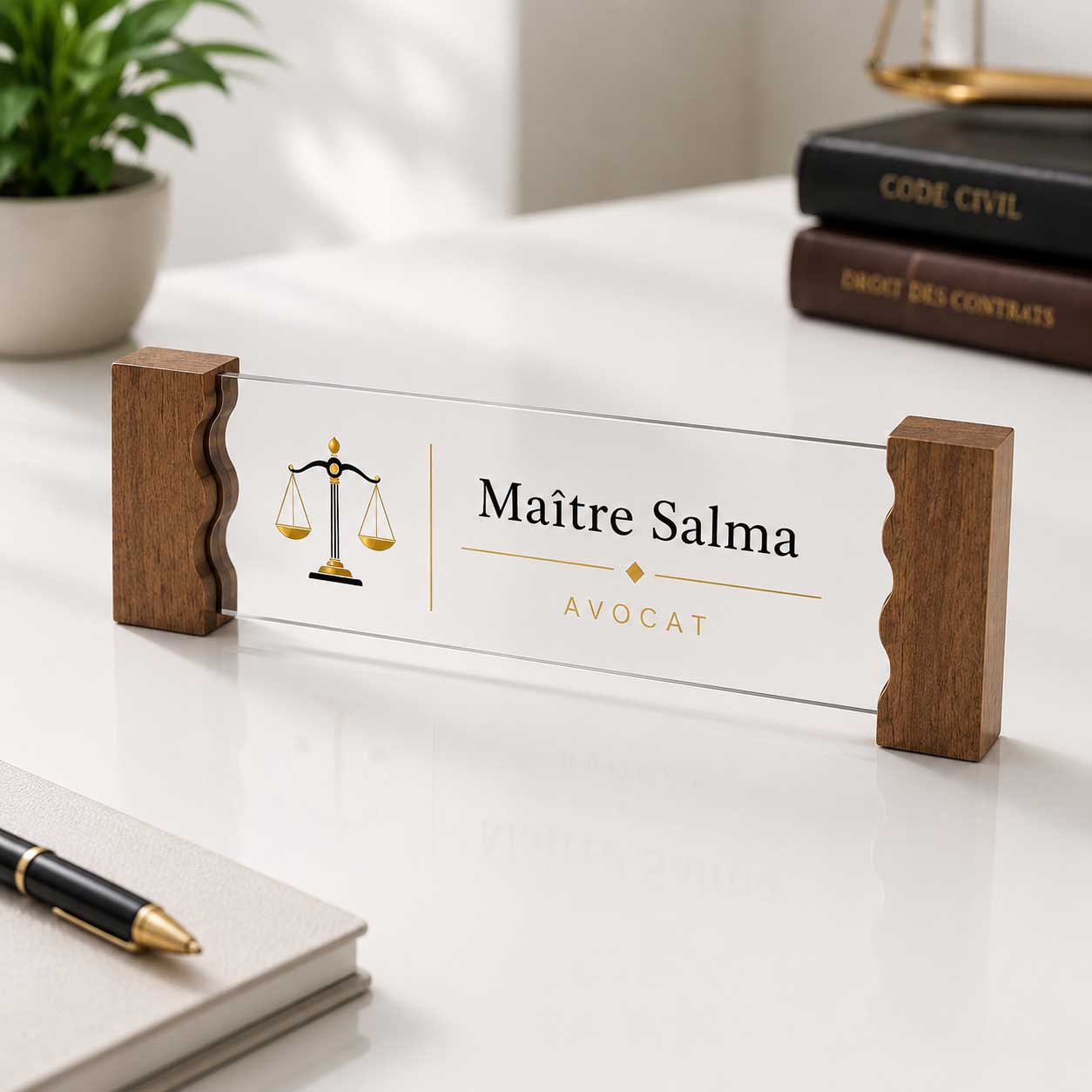 Plaque de bureau personnalisée en bois et acrylique — Maître Salma Avocat